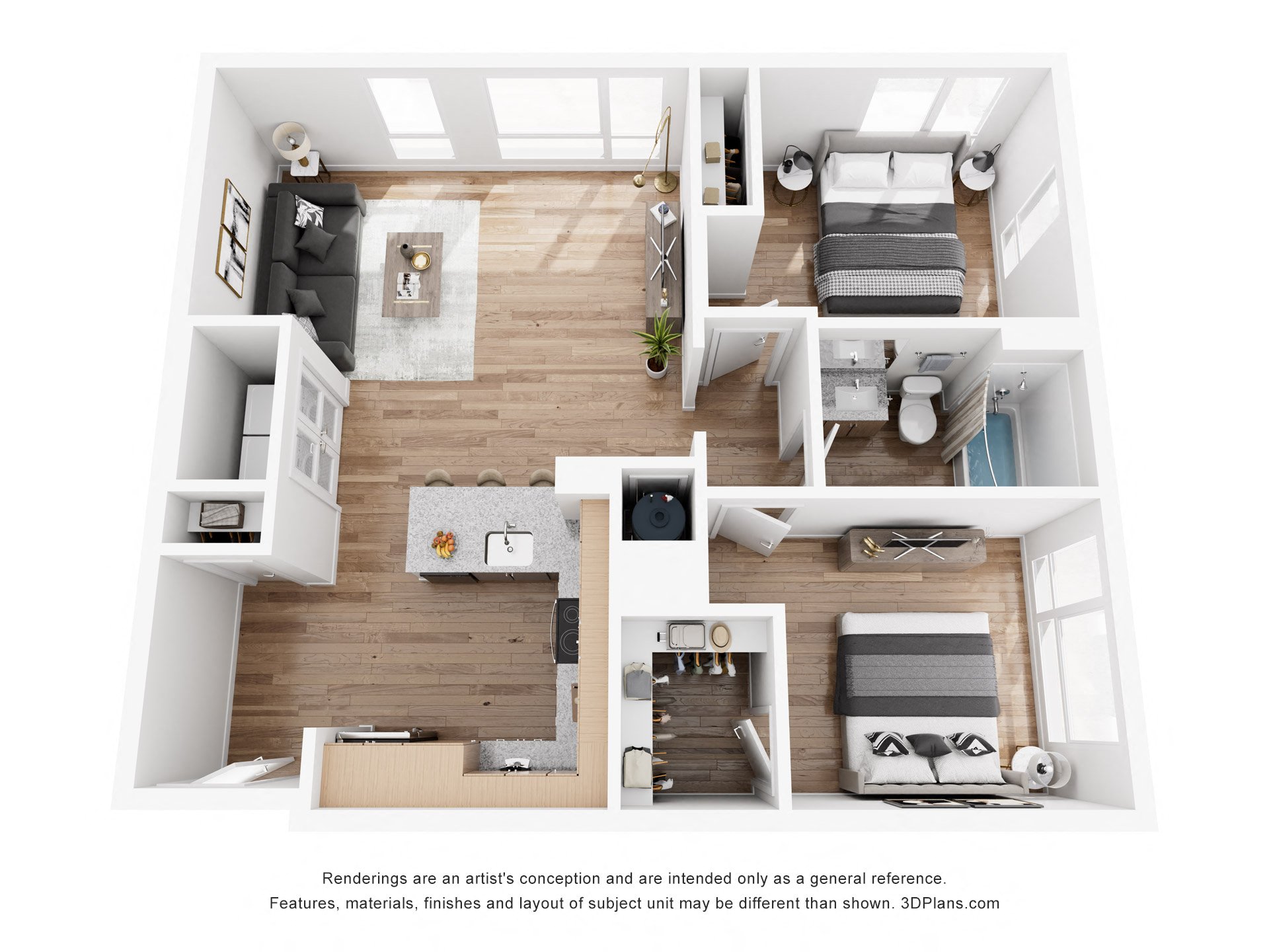 Floor plan for 2 beds, 1 bath, 877 sqft
